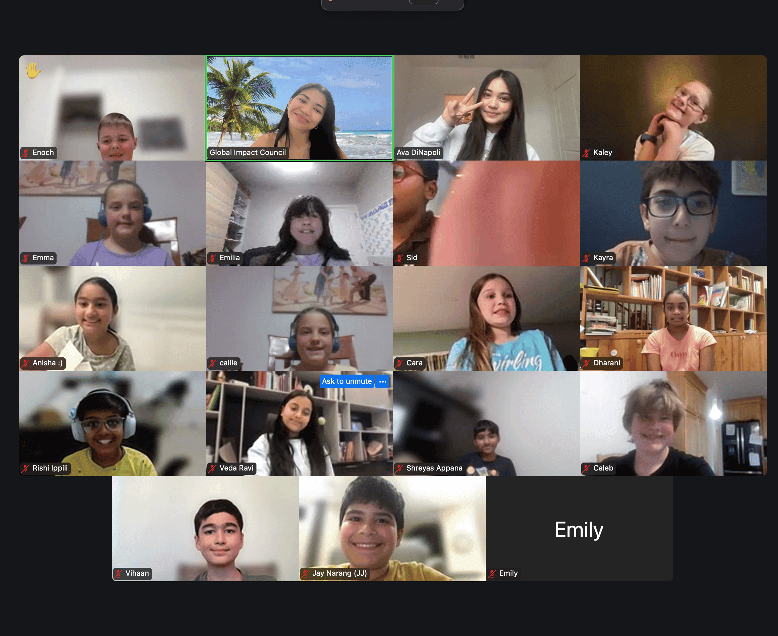 A Junior Speakers virtual workshop video call with students and coaches
